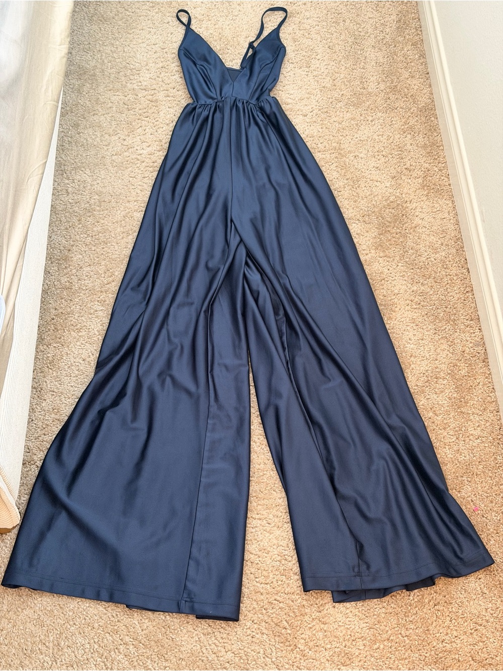 Urban Outfitters Navy Satin Wide-Leg Spaghetti-Strap Jumpsuit
